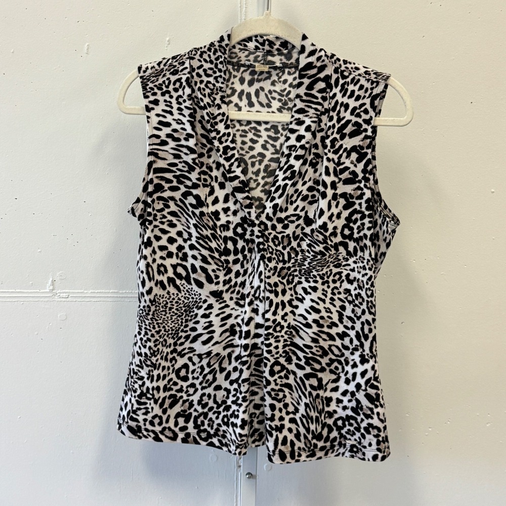Calvin‎ Klein Leopard Animal Print Sleeveless V-Neck Blouse Top White Black Med